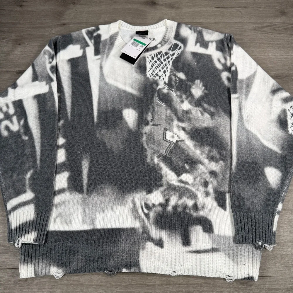 Air Jordan Nike Sweater AOP Knit Mens XL Distress Loose Fit HQ1635-133